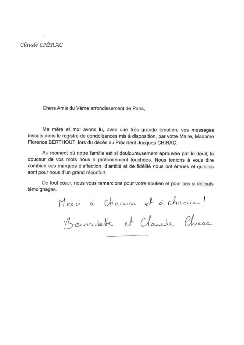 Lettre de remerciements de Bernadette et Claude CHIRAC.jpeg Lettre de remerciements de Bernadette et Claude CHIRAC